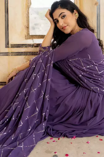Purple georgette embroidered gown 