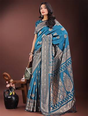 Royal blue silk saree with blouse 2