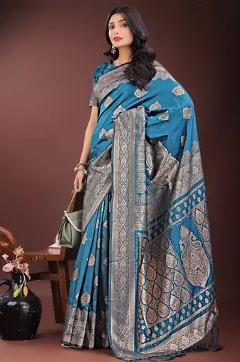 Royal blue silk saree with blouse