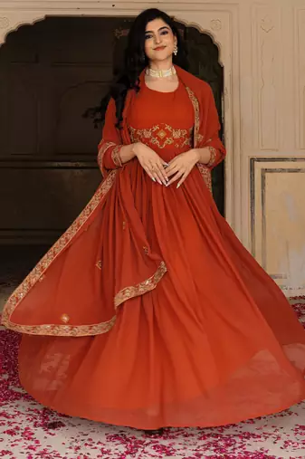 Orange georgette embroidered gown 