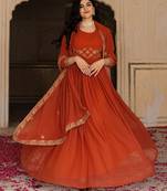 Orange georgette embroidered gown 