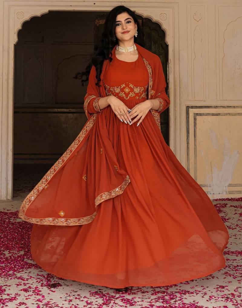 Orange georgette embroidered gown 