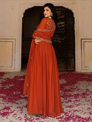 Orange georgette embroidered gown  2