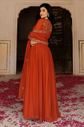 Orange georgette embroidered gown 