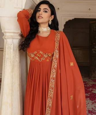 Orange georgette embroidered gown  3