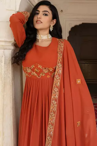 Orange georgette embroidered gown 