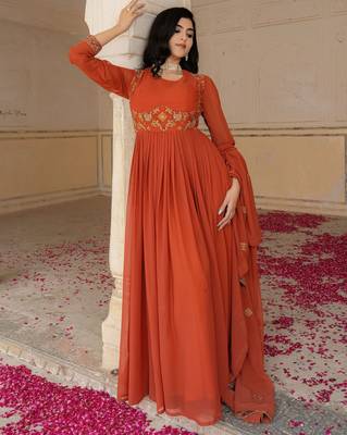 Orange georgette embroidered gown  4