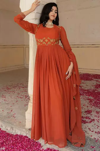 Orange georgette embroidered gown 
