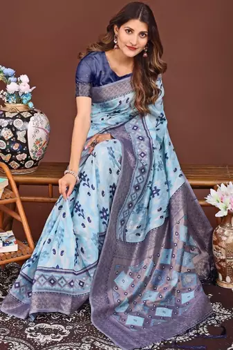 Blue banarasi silk saree with blouse