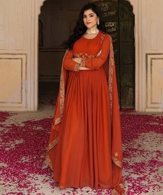 Orange georgette embroidered gown  5