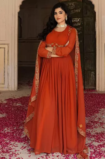 Orange georgette embroidered gown 