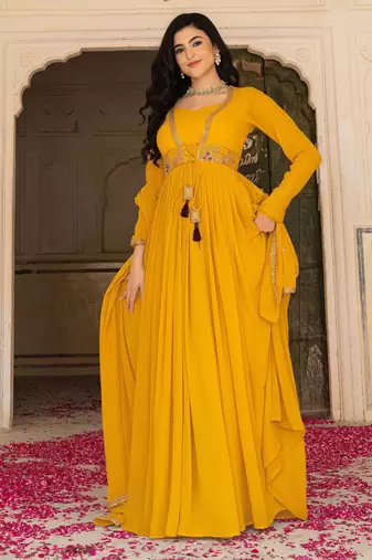 Mustard georgette embroidered gown 