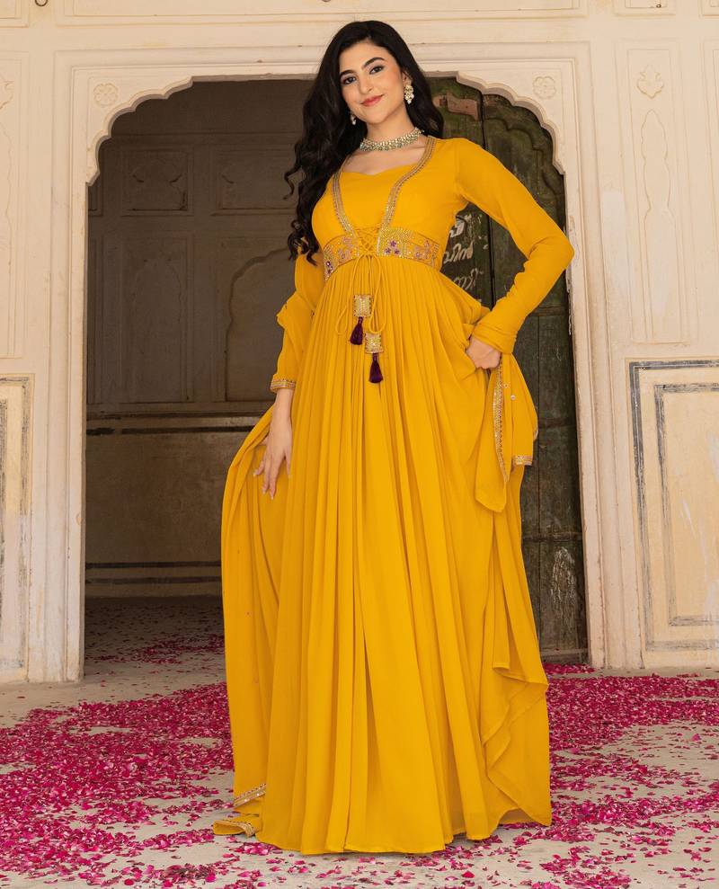 Mustard georgette embroidered gown 