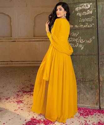 Mustard georgette embroidered gown  2