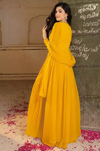 Mustard georgette embroidered gown 