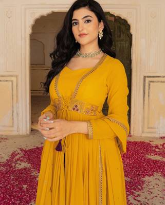 Mustard georgette embroidered gown  3