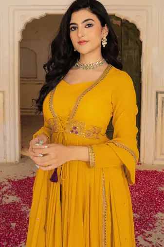 Mustard georgette embroidered gown 