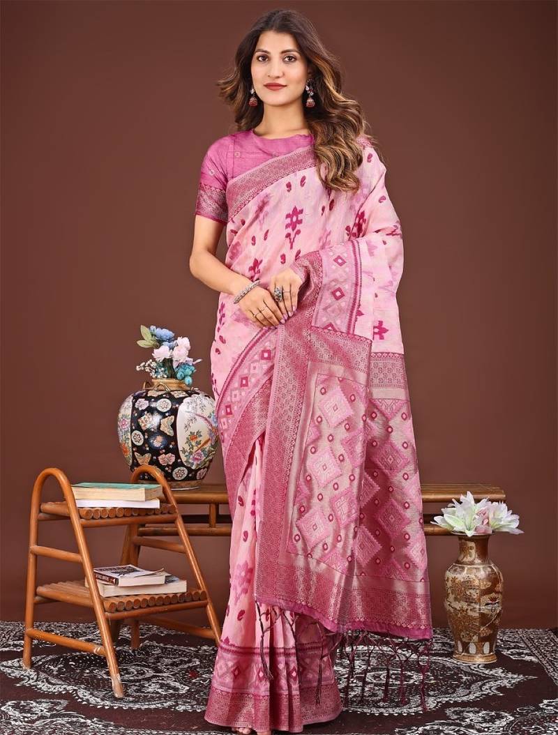 Pink banarasi silk saree with blouse