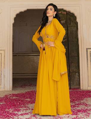 Mustard georgette embroidered gown  4