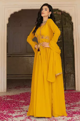 Mustard georgette embroidered gown 