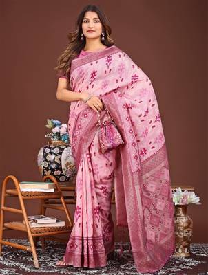 Pink banarasi silk saree with blouse 2