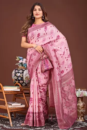 Pink banarasi silk saree with blouse