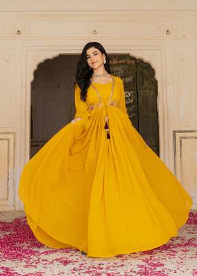 Mustard georgette embroidered gown  5