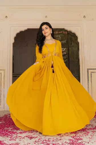 Mustard georgette embroidered gown 