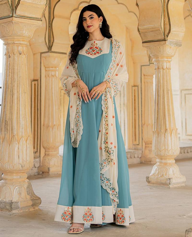 Blue georgette embroidered gown 