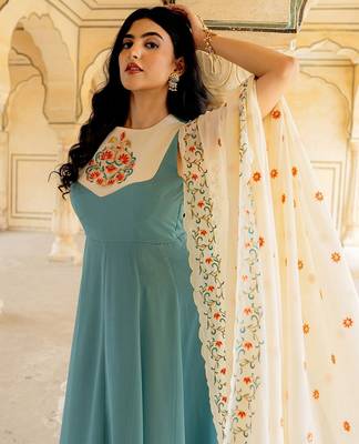 Blue georgette embroidered gown  3