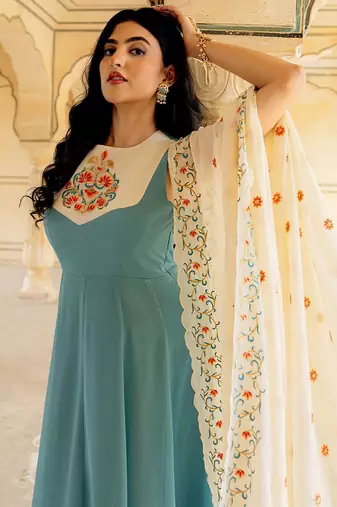 Blue georgette embroidered gown 