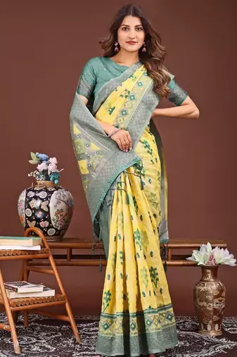 Yellow banarasi silk saree with blouse