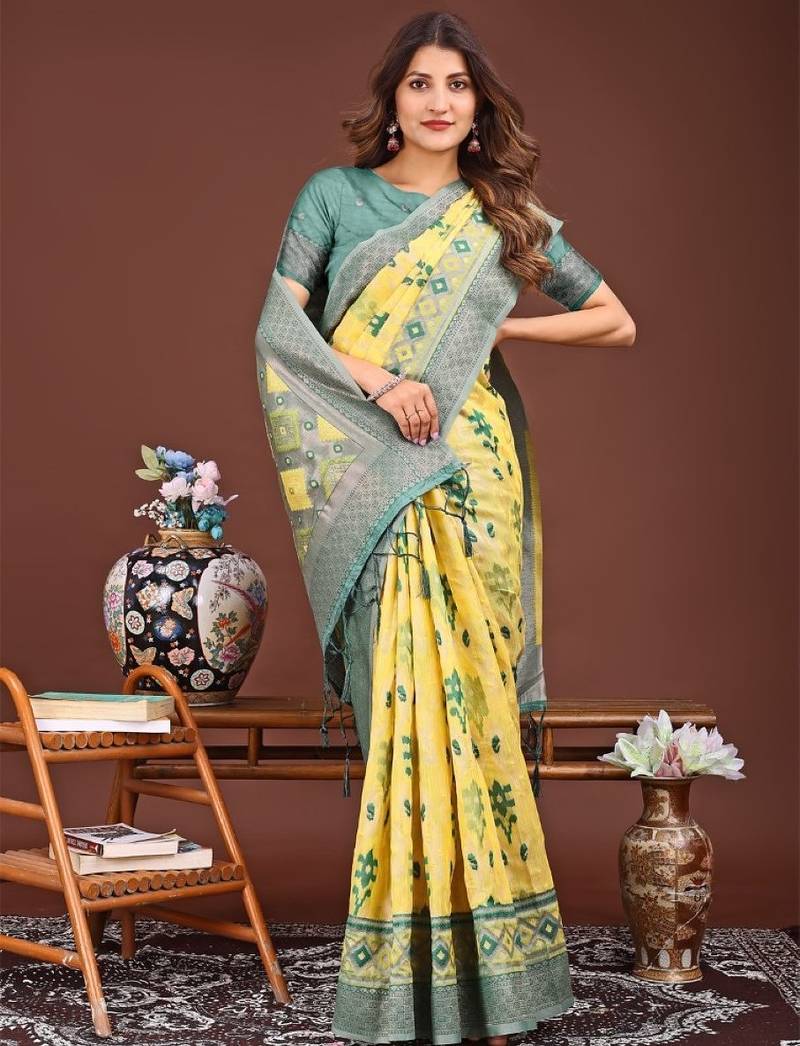 Yellow banarasi silk saree with blouse