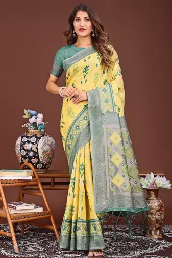 Yellow banarasi silk saree with blouse