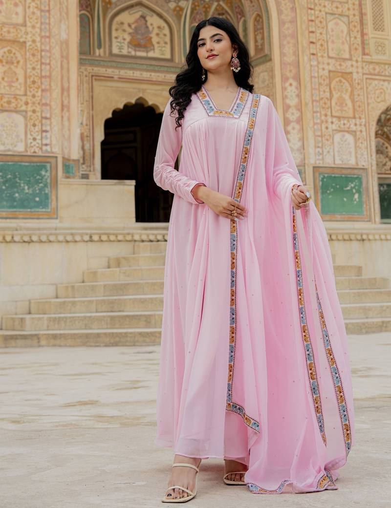 Pink georgette embroidered gown 