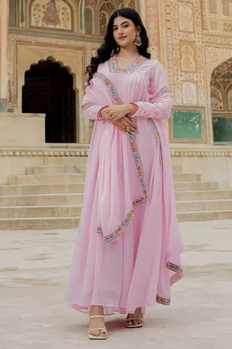 Pink georgette embroidered gown 