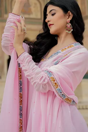 Pink georgette embroidered gown 