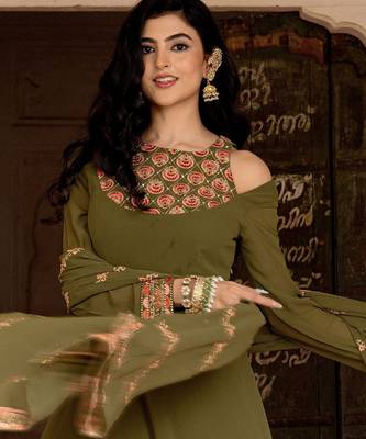 Olive georgette embroidered gown  2