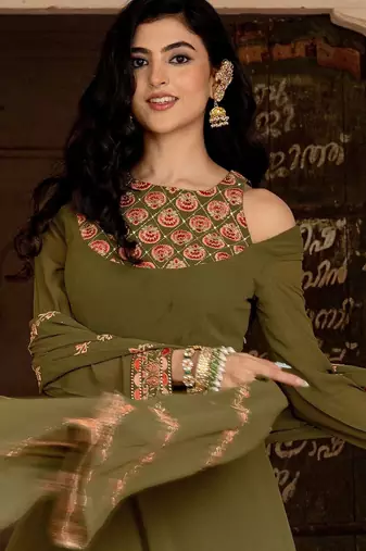 Olive georgette embroidered gown 