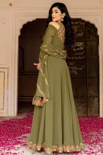 Olive georgette embroidered gown 