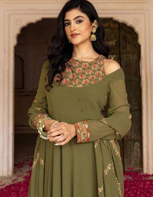 Olive georgette embroidered gown  4