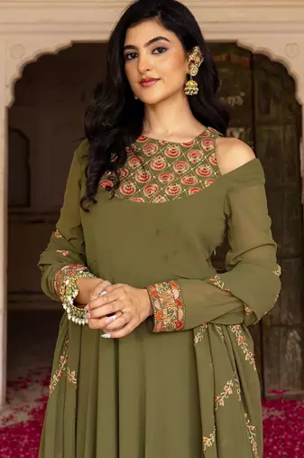 Olive georgette embroidered gown 