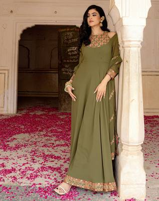 Olive georgette embroidered gown  1