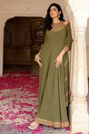 Olive georgette embroidered gown 