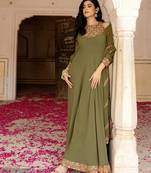 Olive georgette embroidered gown 