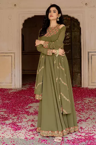 Olive georgette embroidered gown 