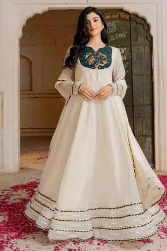 Off white georgette embroidered gown 