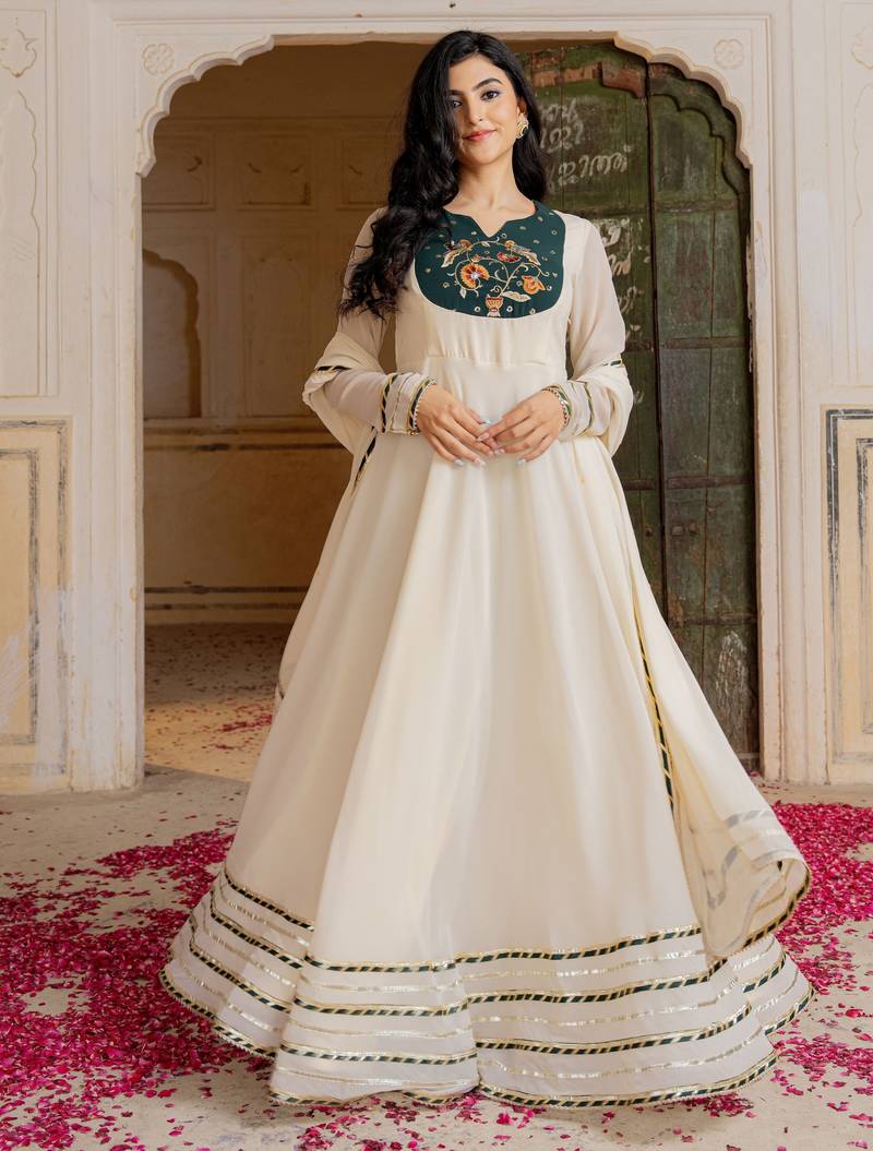 Off white georgette embroidered gown 