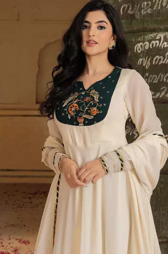 Off white georgette embroidered gown 