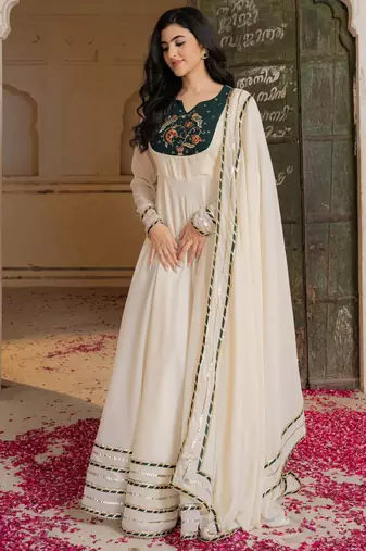 Off white georgette embroidered gown 
